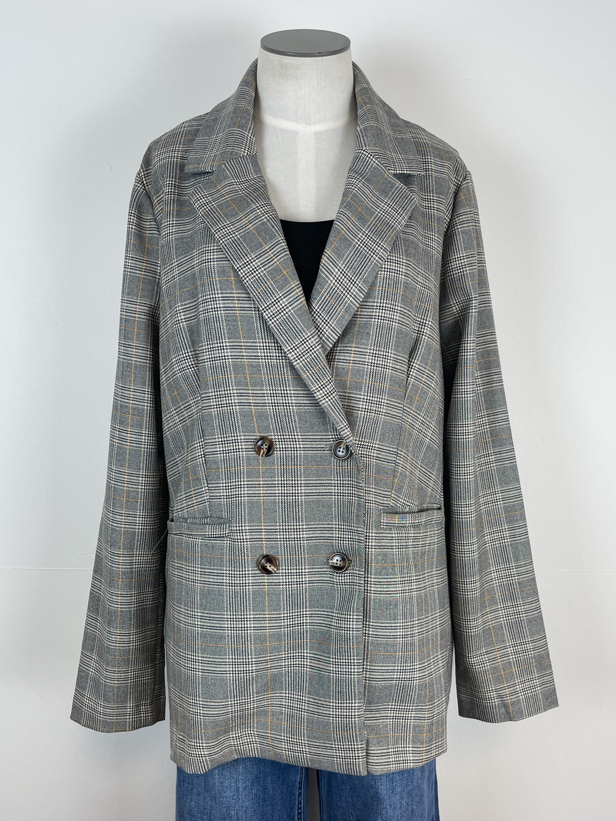 Rowan Plaid Double Breasted Blazer in Black/Ivory