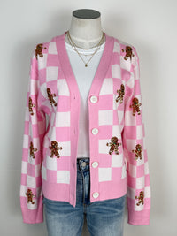 Gingerbread Man Checkered Christmas Cardigan in Pink