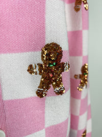 Gingerbread Man Checkered Christmas Cardigan in Pink