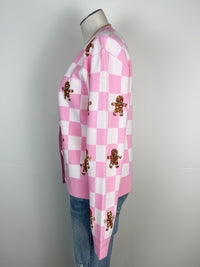 Gingerbread Man Checkered Christmas Cardigan in Pink