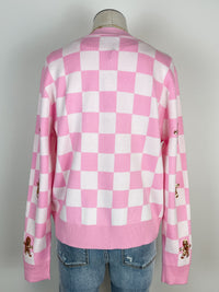 Gingerbread Man Checkered Christmas Cardigan in Pink