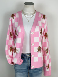 Gingerbread Man Checkered Christmas Cardigan in Pink