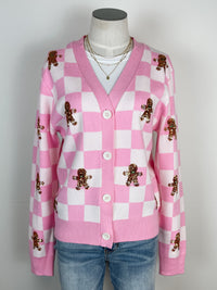 Gingerbread Man Checkered Christmas Cardigan in Pink