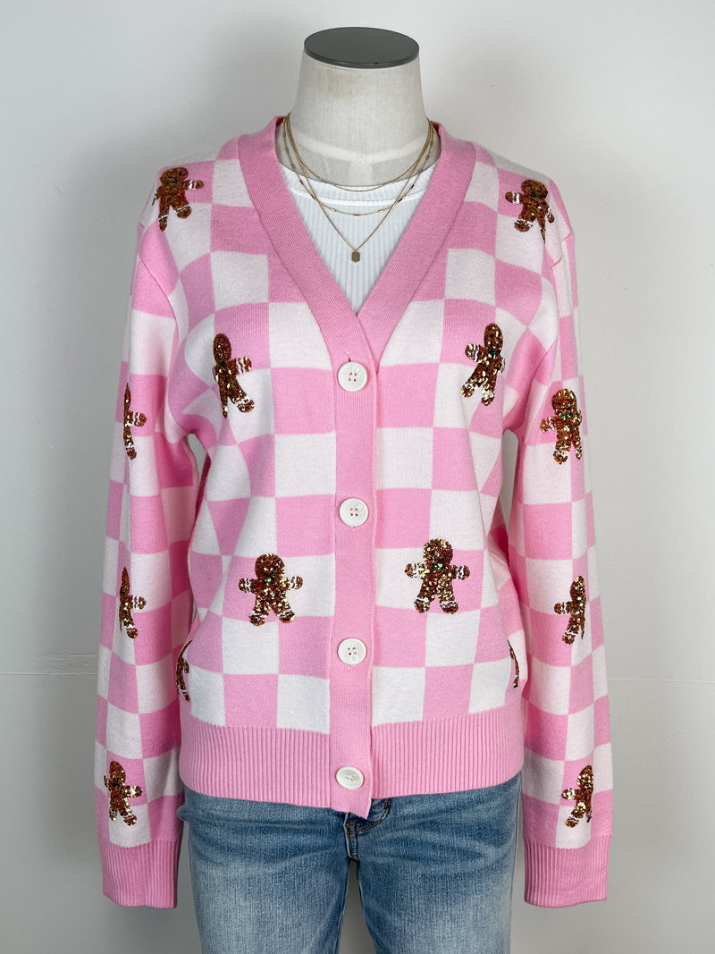 Gingerbread Man Checkered Christmas Cardigan in Pink