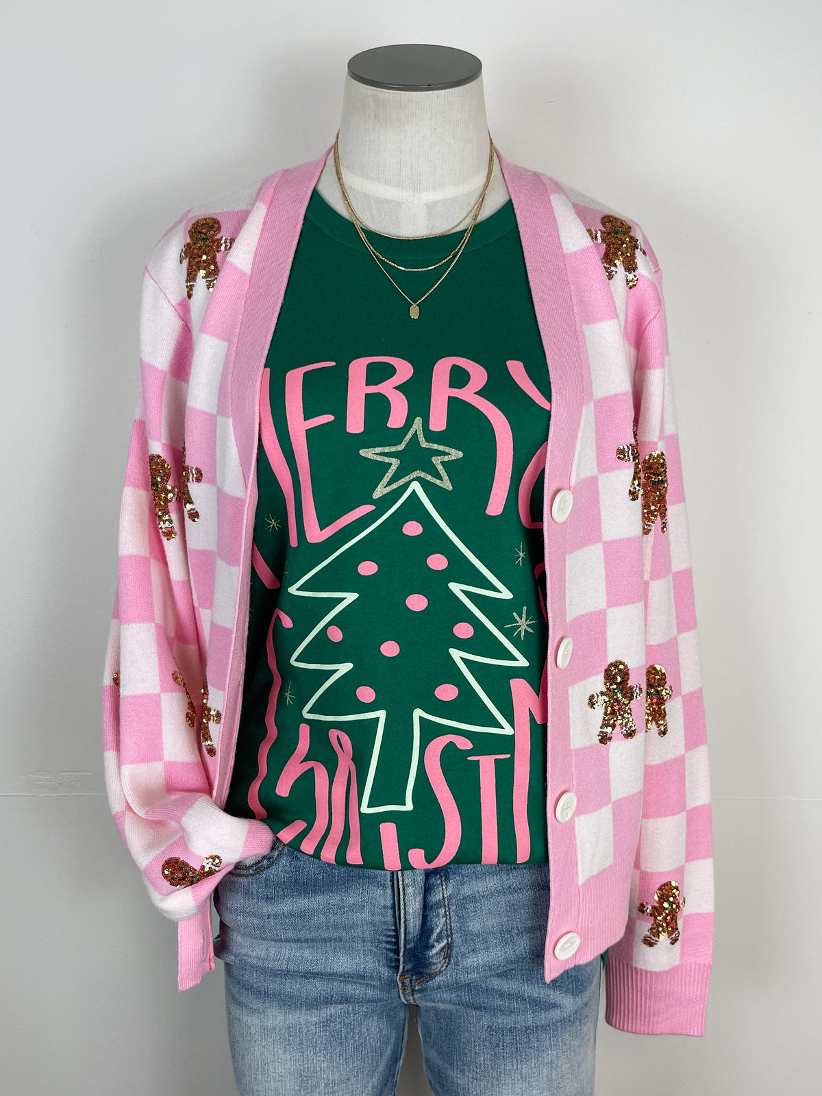 Gingerbread Man Checkered Christmas Cardigan in Pink