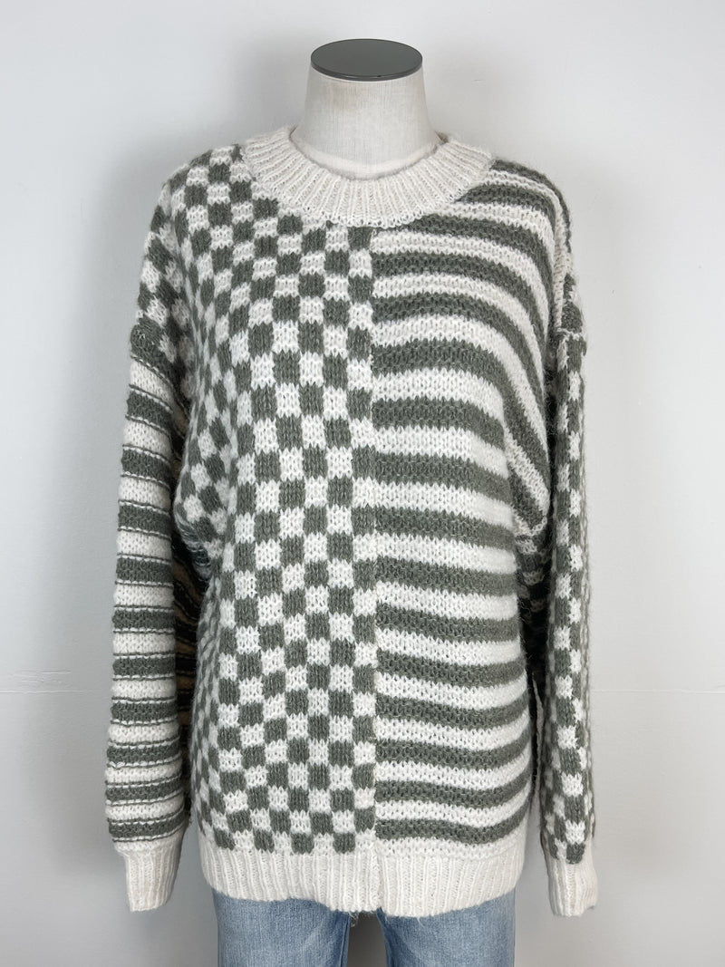 Lyra Oversized Striped and Checkered Sweater in Olive