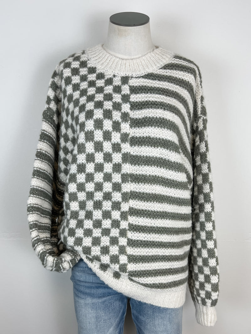 Lyra Oversized Striped and Checkered Sweater in Olive