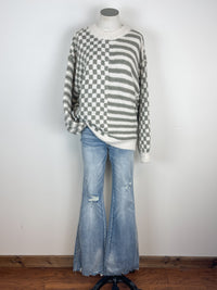 Lyra Oversized Striped and Checkered Sweater in Olive