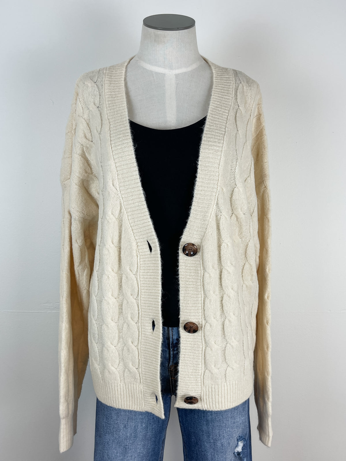 Fable Cable Knit Button Up Cardigan in Cream