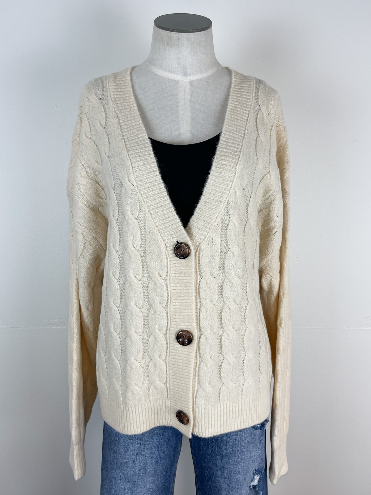 Fable Cable Knit Button Up Cardigan in Cream