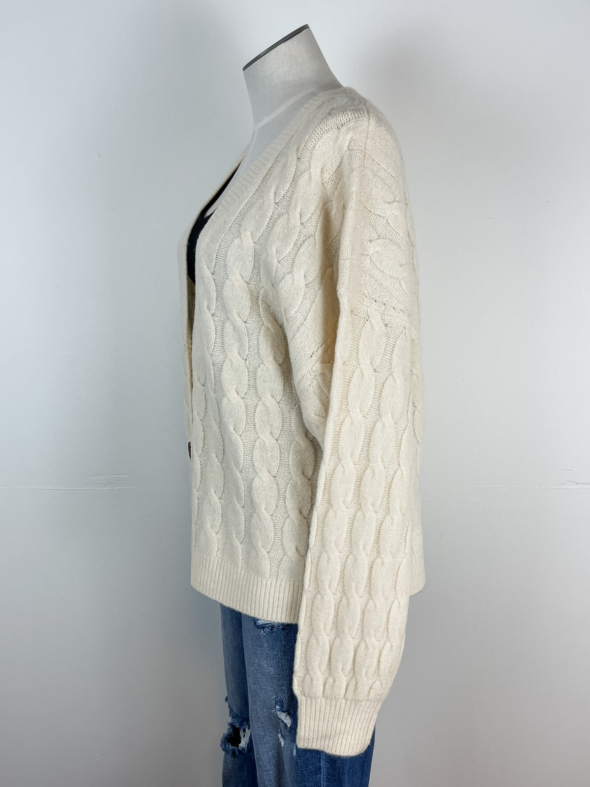 Fable Cable Knit Button Up Cardigan in Cream