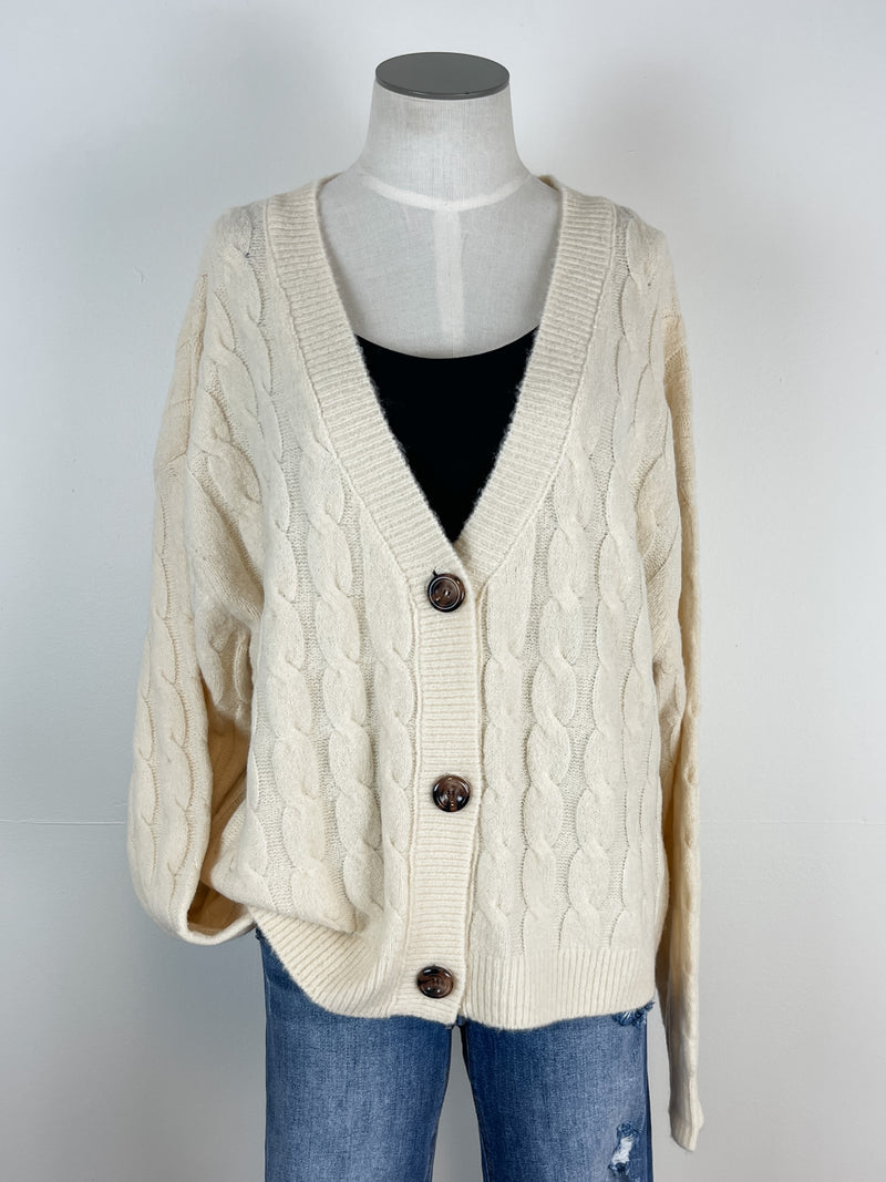 Fable Cable Knit Button Up Cardigan in Cream