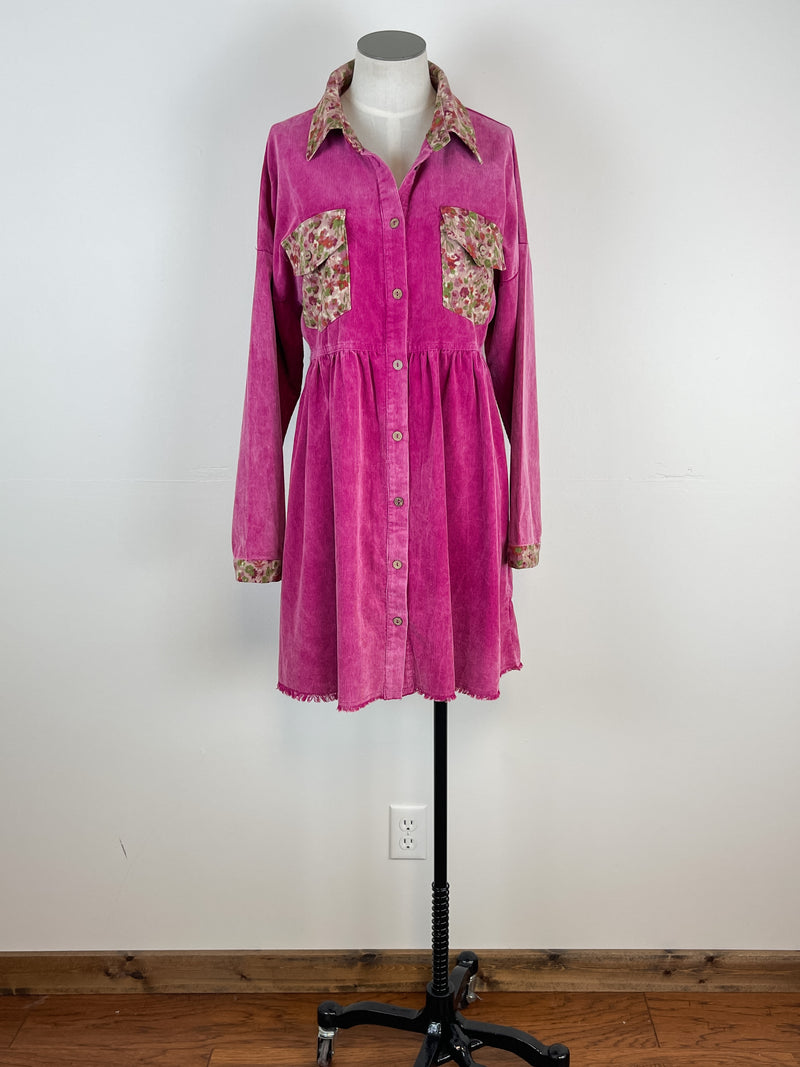 Willow Corduroy and Floral Dress in Magenta
