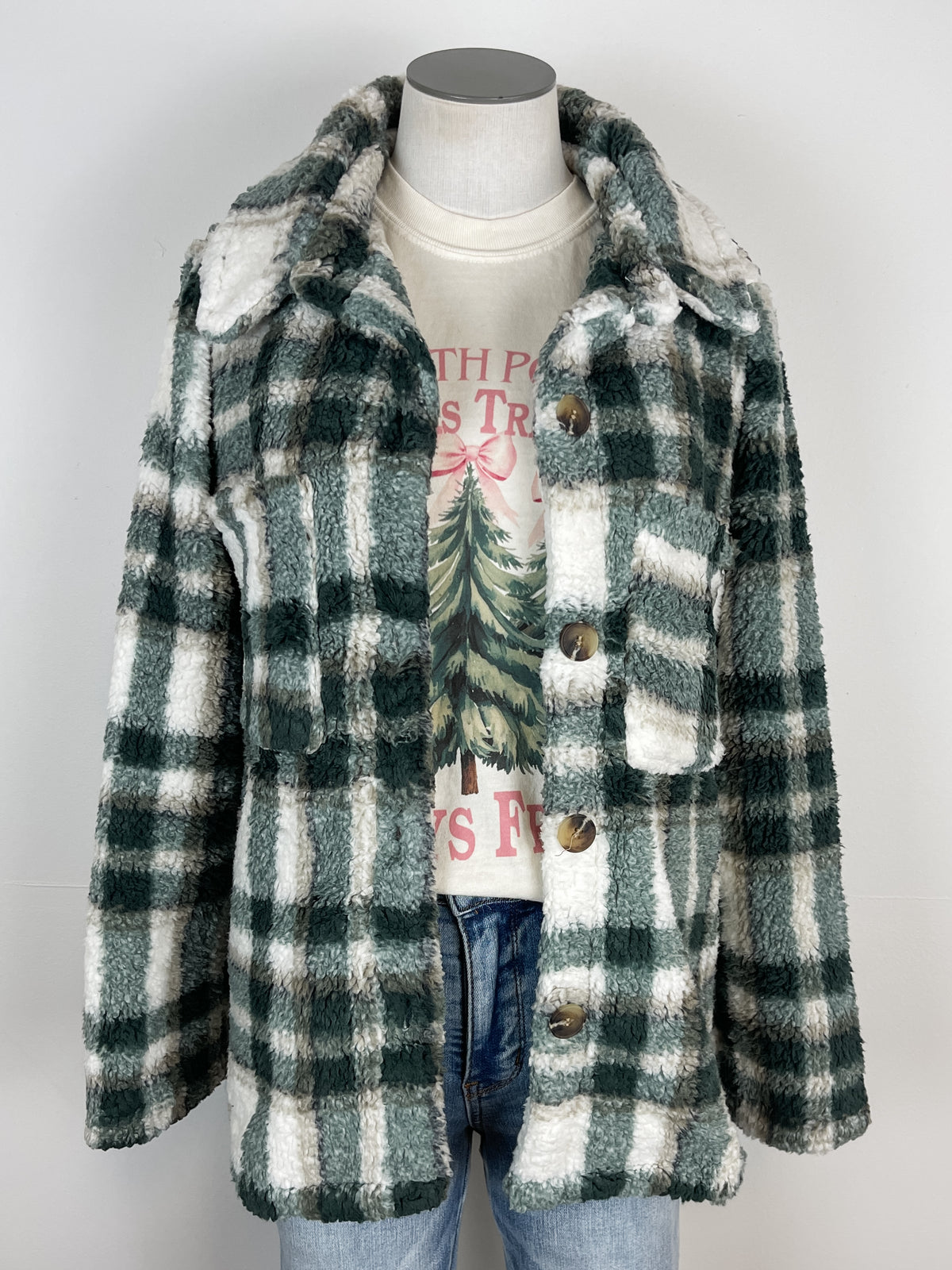 Ivy Sherpa Plaid Jacket in Green/Taupe