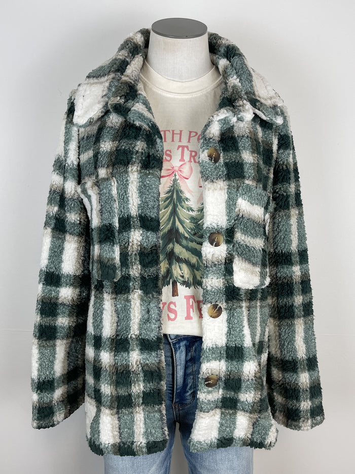 Ivy Sherpa Plaid Jacket in Green/Taupe