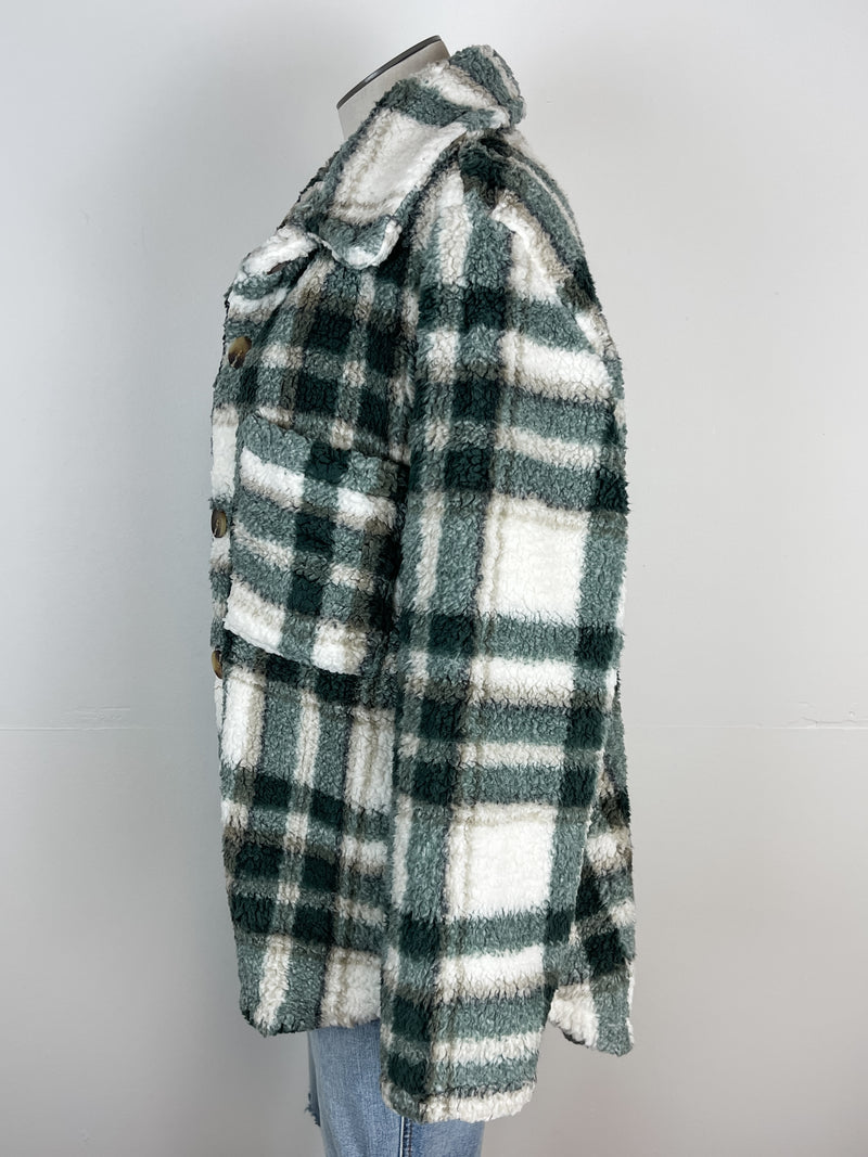 Ivy Sherpa Plaid Jacket in Green/Taupe