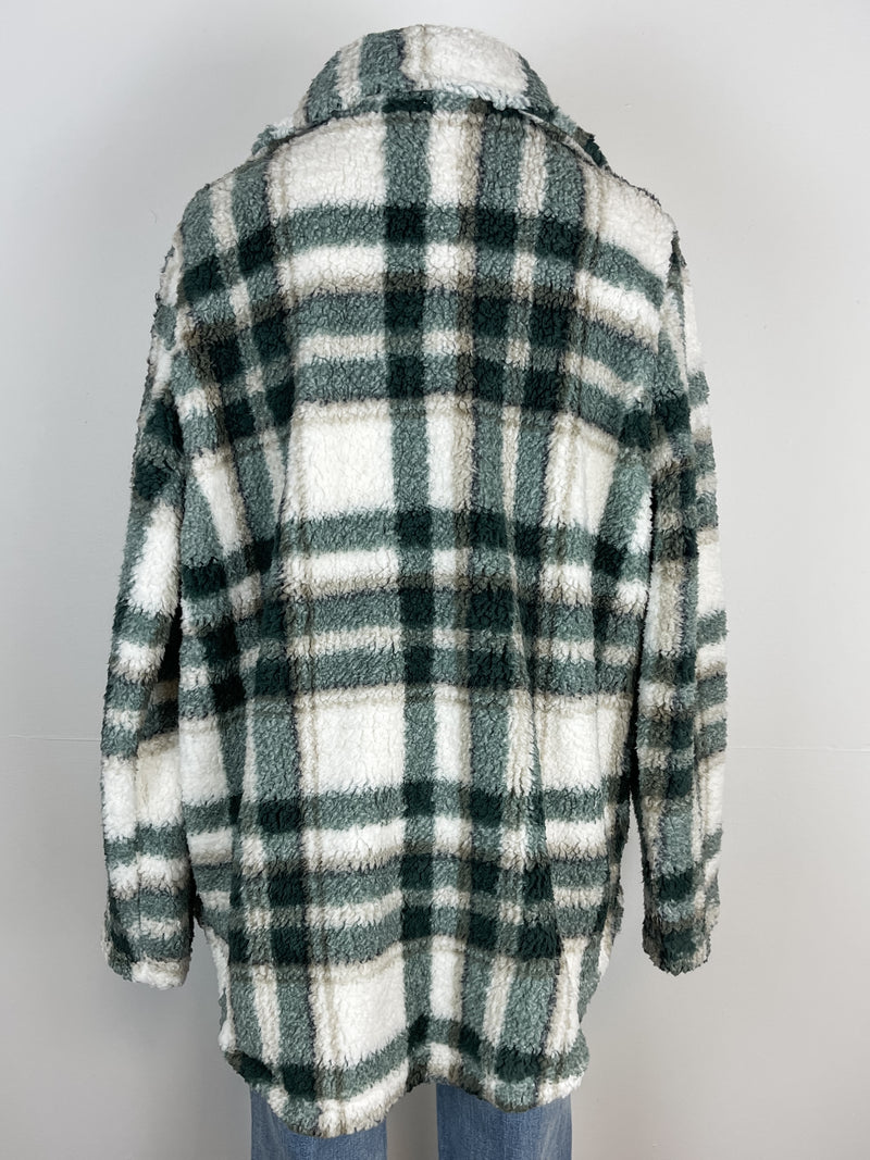 Ivy Sherpa Plaid Jacket in Green/Taupe