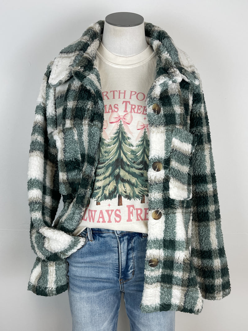 Ivy Sherpa Plaid Jacket in Green/Taupe