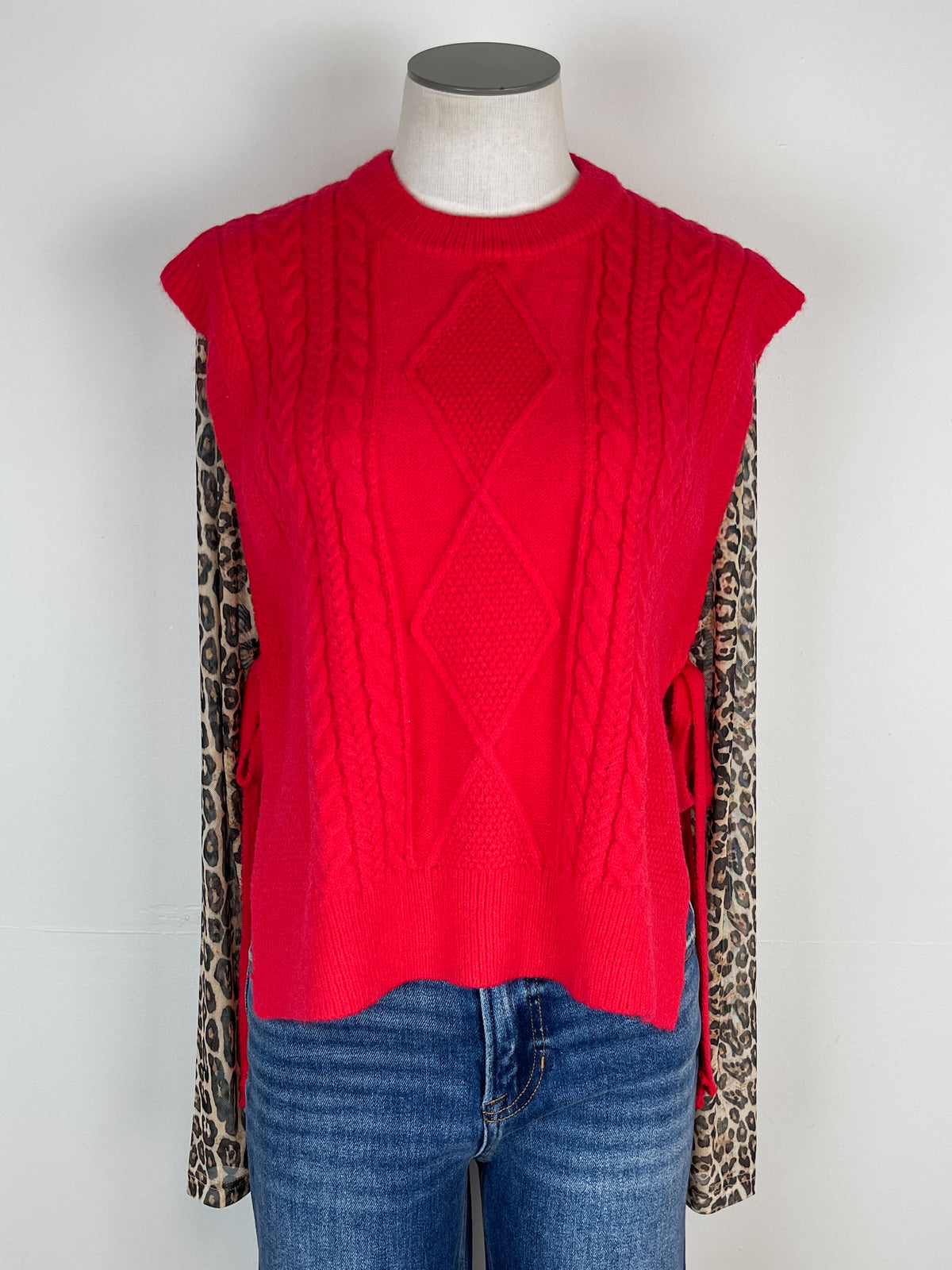 Isabelle Cable Knit Side Tie Sweater Vest in Red