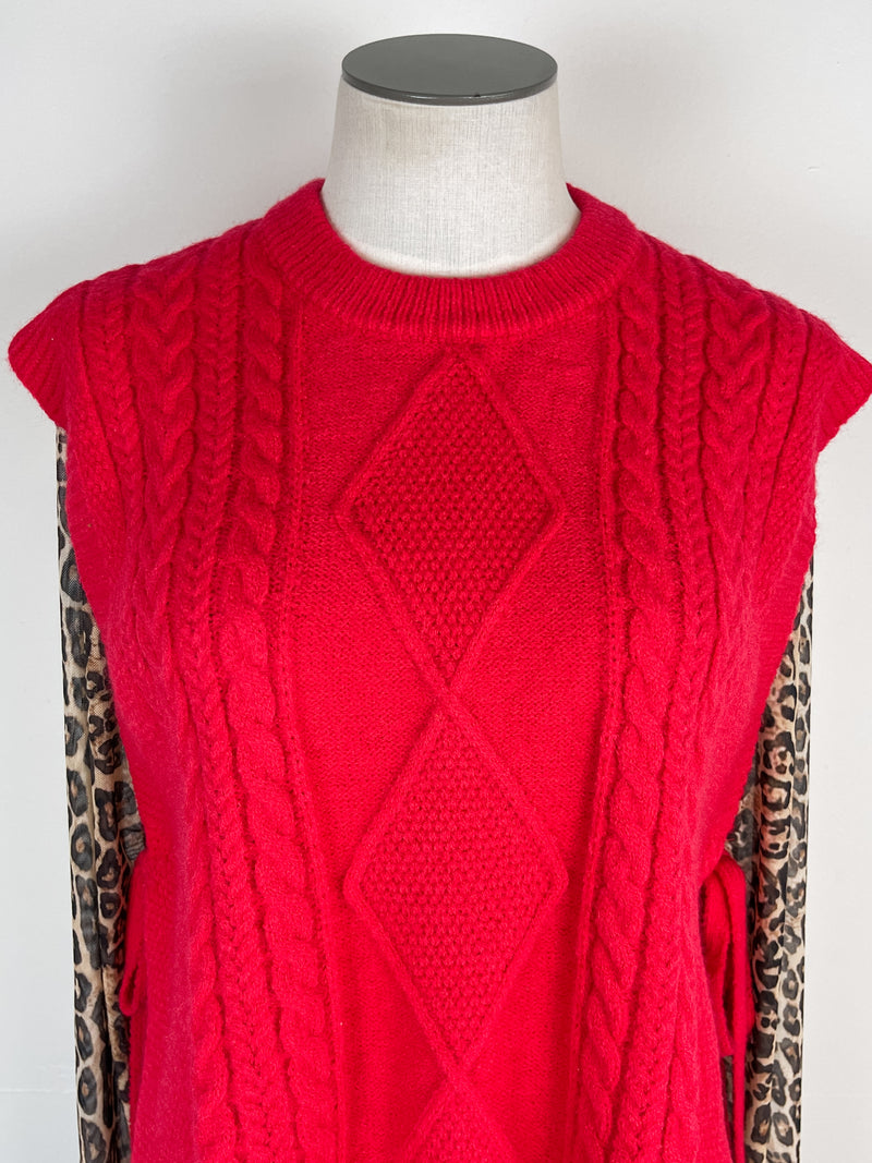 Isabelle Cable Knit Side Tie Sweater Vest in Red