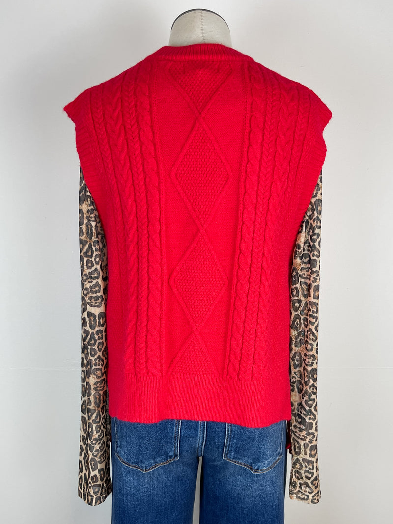 Isabelle Cable Knit Side Tie Sweater Vest in Red