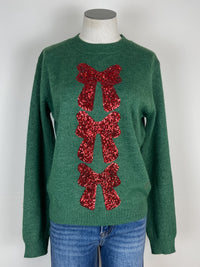 Sophia Sequin Bow Sweater in Green/Red