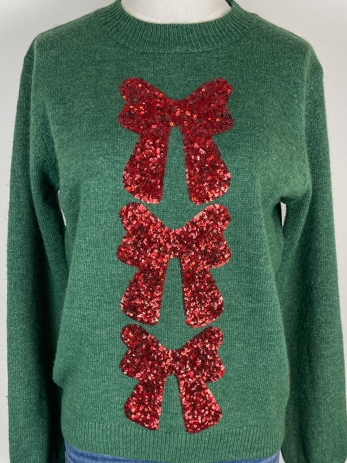 Sophia Sequin Bow Sweater in Green/Red