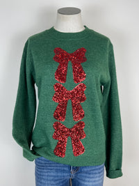 Sophia Sequin Bow Sweater in Green/Red