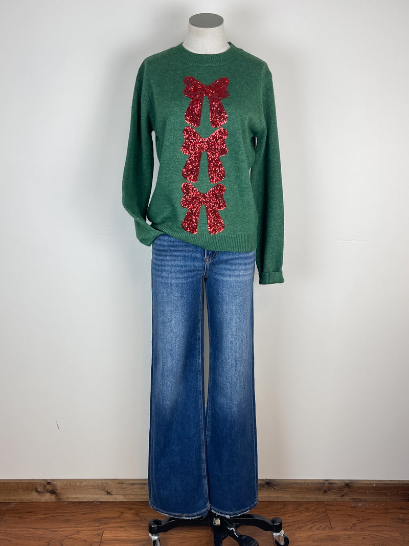 Sophia Sequin Bow Sweater in Green/Red