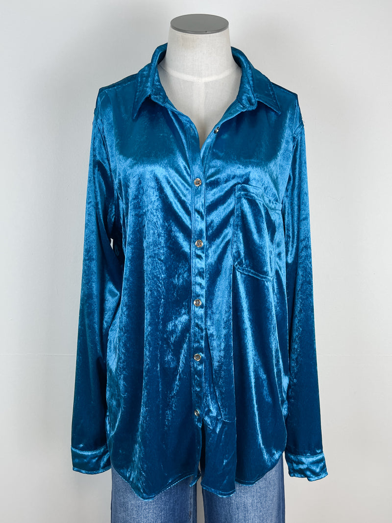 Melanie Velvet Button Down in Blue