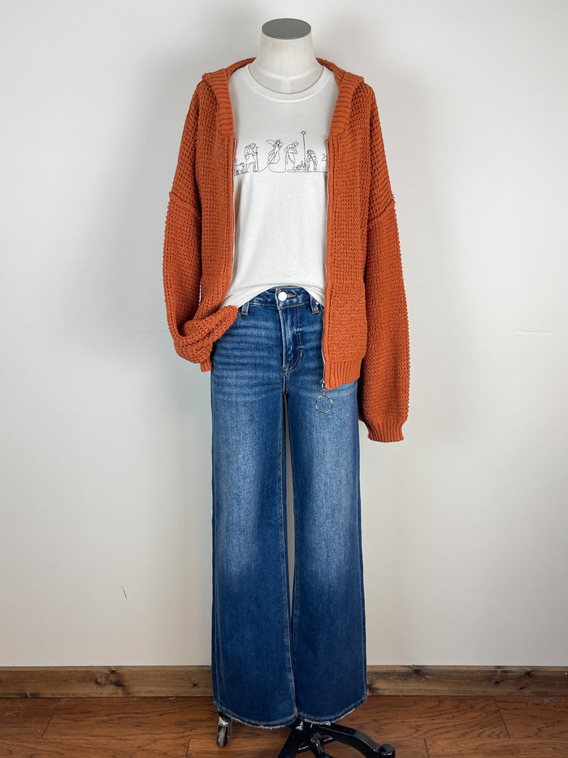 Saylor Zip Up Hooded Sweater Jacket in Rust