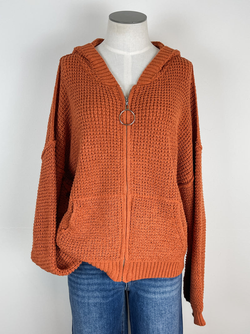 Saylor Zip Up Hooded Sweater Jacket in Rust