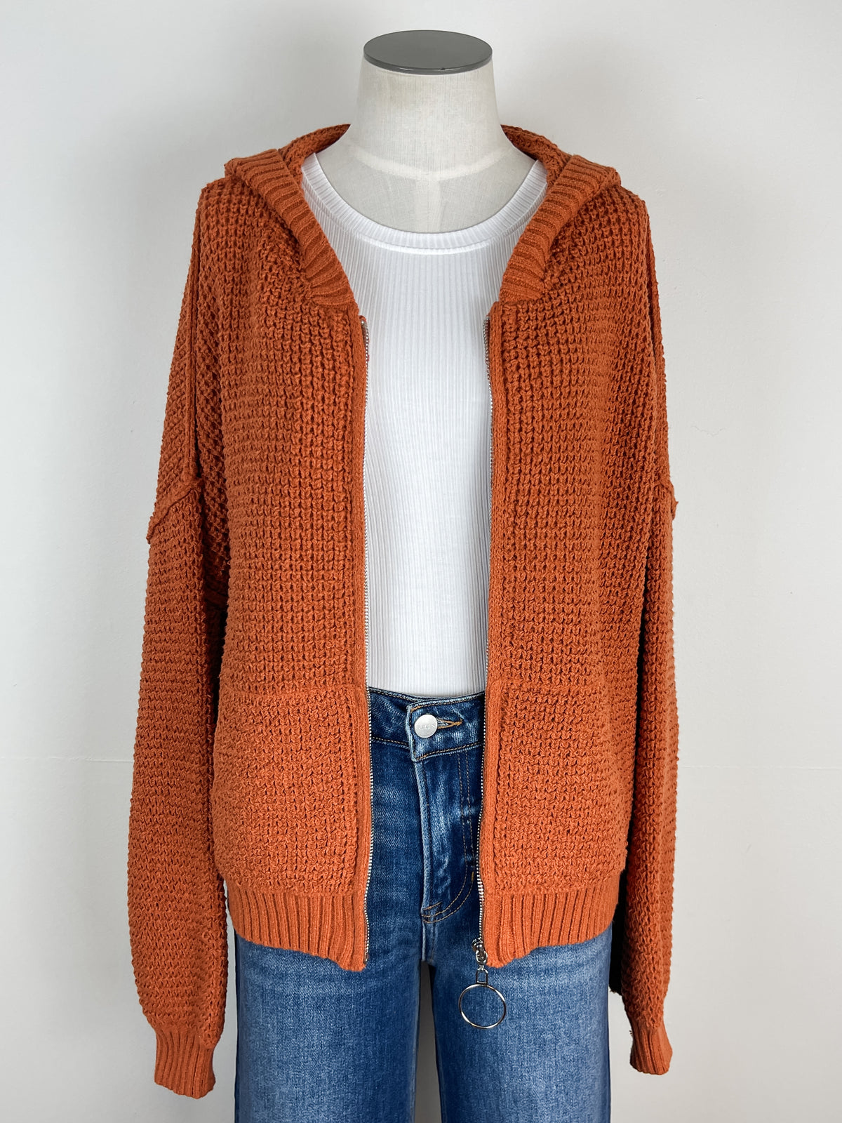 Saylor Zip Up Hooded Sweater Jacket in Rust