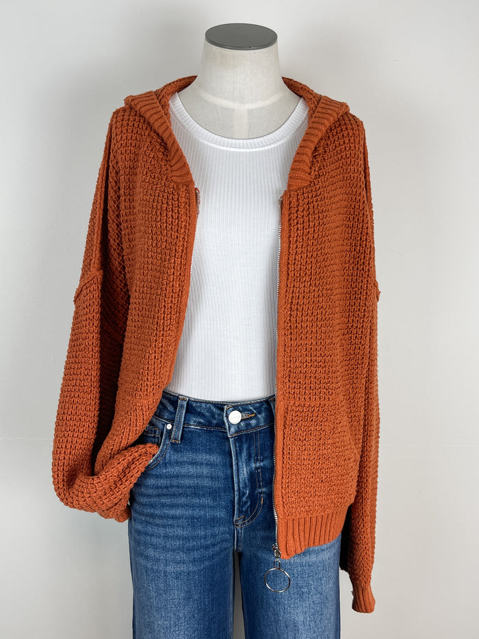 Saylor Zip Up Hooded Sweater Jacket in Rust