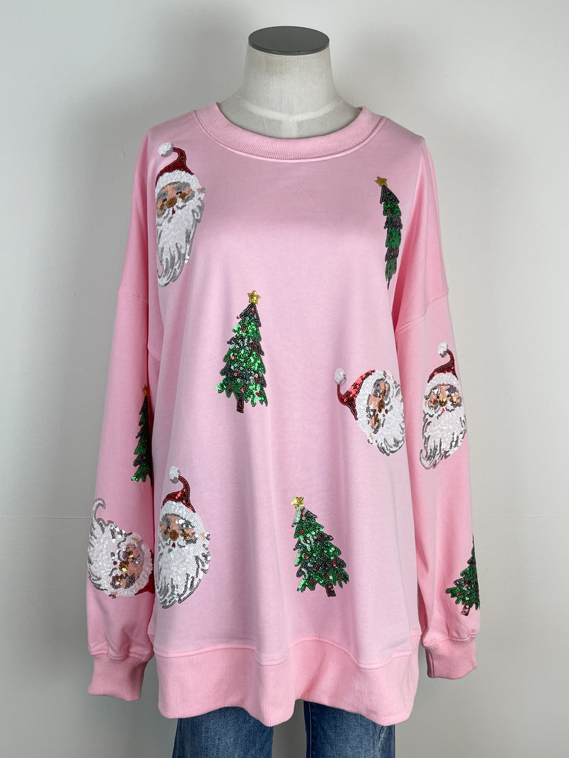 Sequin Santa Tree Pull Over in Pink