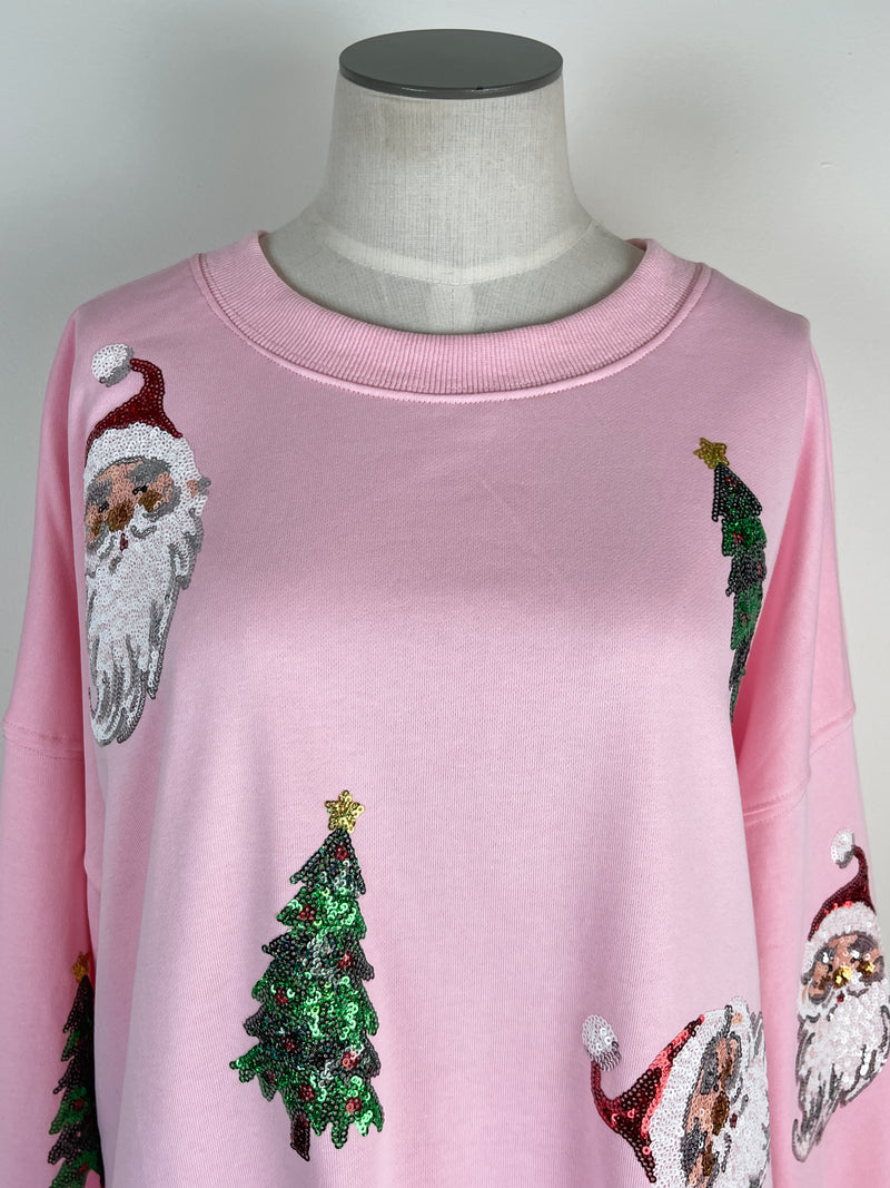 Sequin Santa Tree Pull Over in Pink