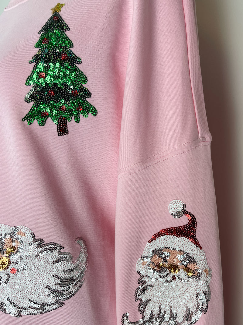 Sequin Santa Tree Pull Over in Pink