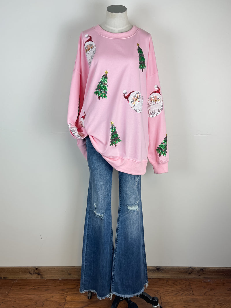 Sequin Santa Tree Pull Over in Pink