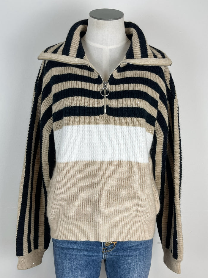 Valerie Striped Half Zip Sweater in Taupe Combo