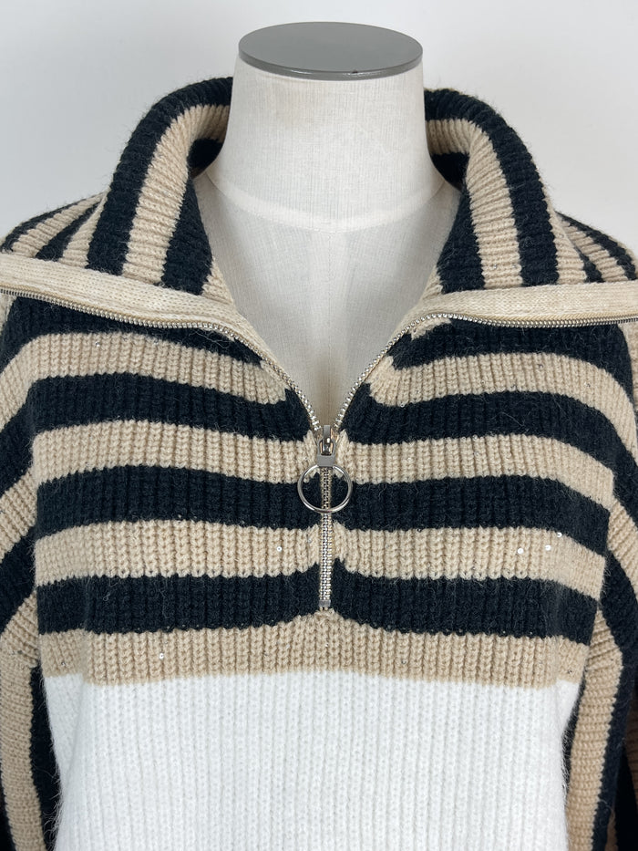 Valerie Striped Half Zip Sweater in Taupe Combo