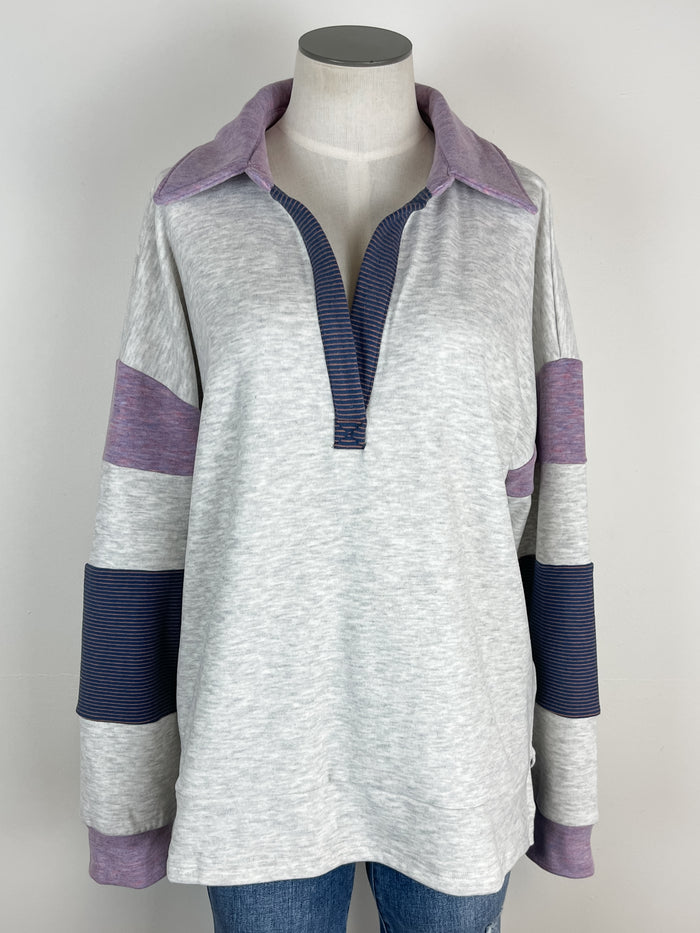 Millie Mix Stripe Color Block Pullover in Light Grey/Orchid