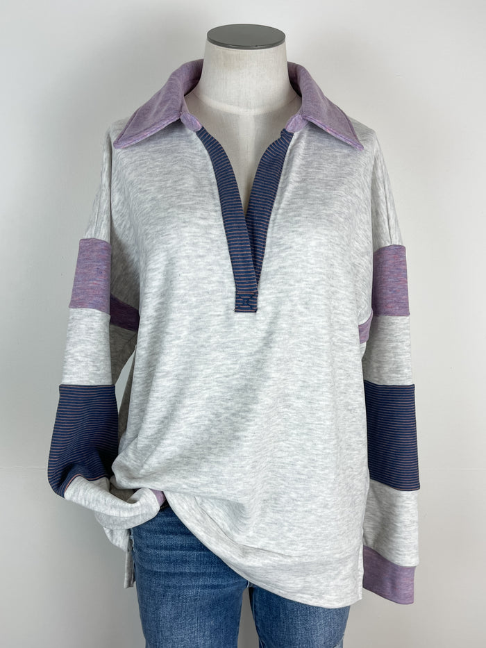 Millie Mix Stripe Color Block Pullover in Light Grey/Orchid