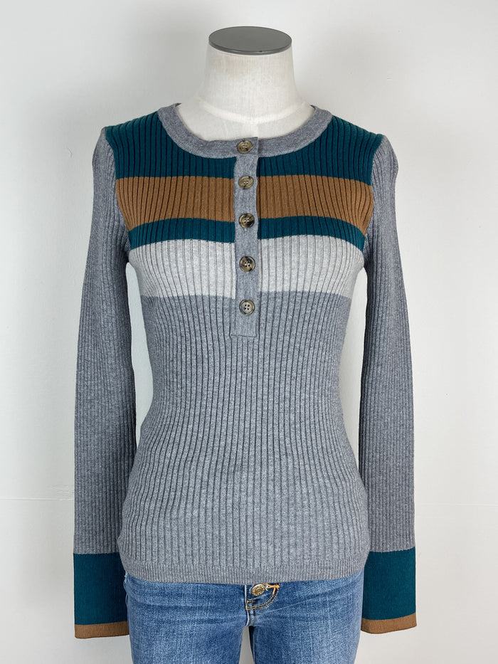 Charlie Color Block Ribbed Henley Top in Grey/Teal