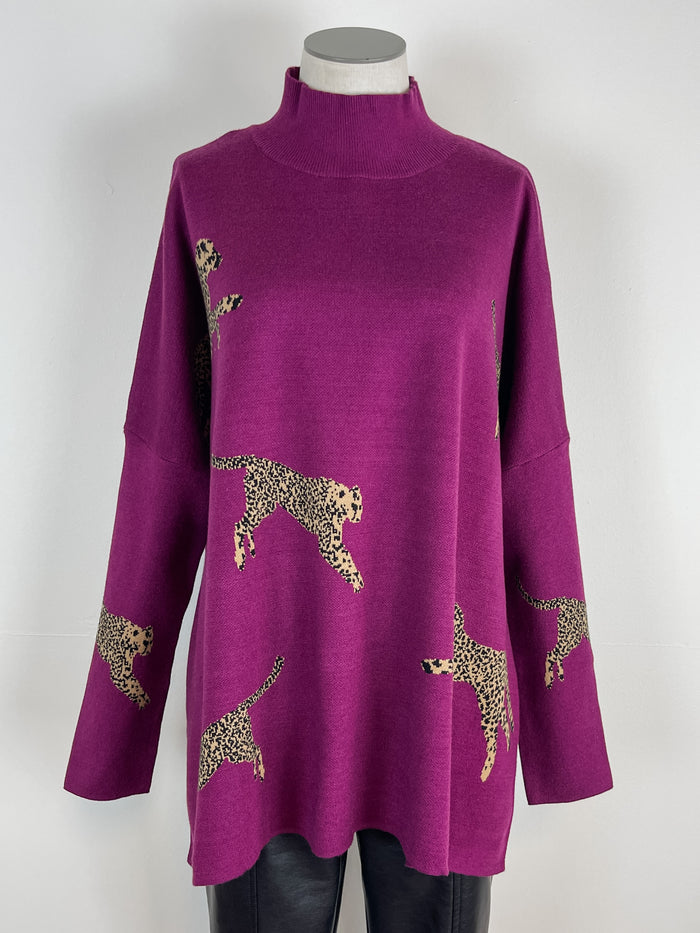 Lorelei Mock Neck Cheetah Print Sweater in Plum