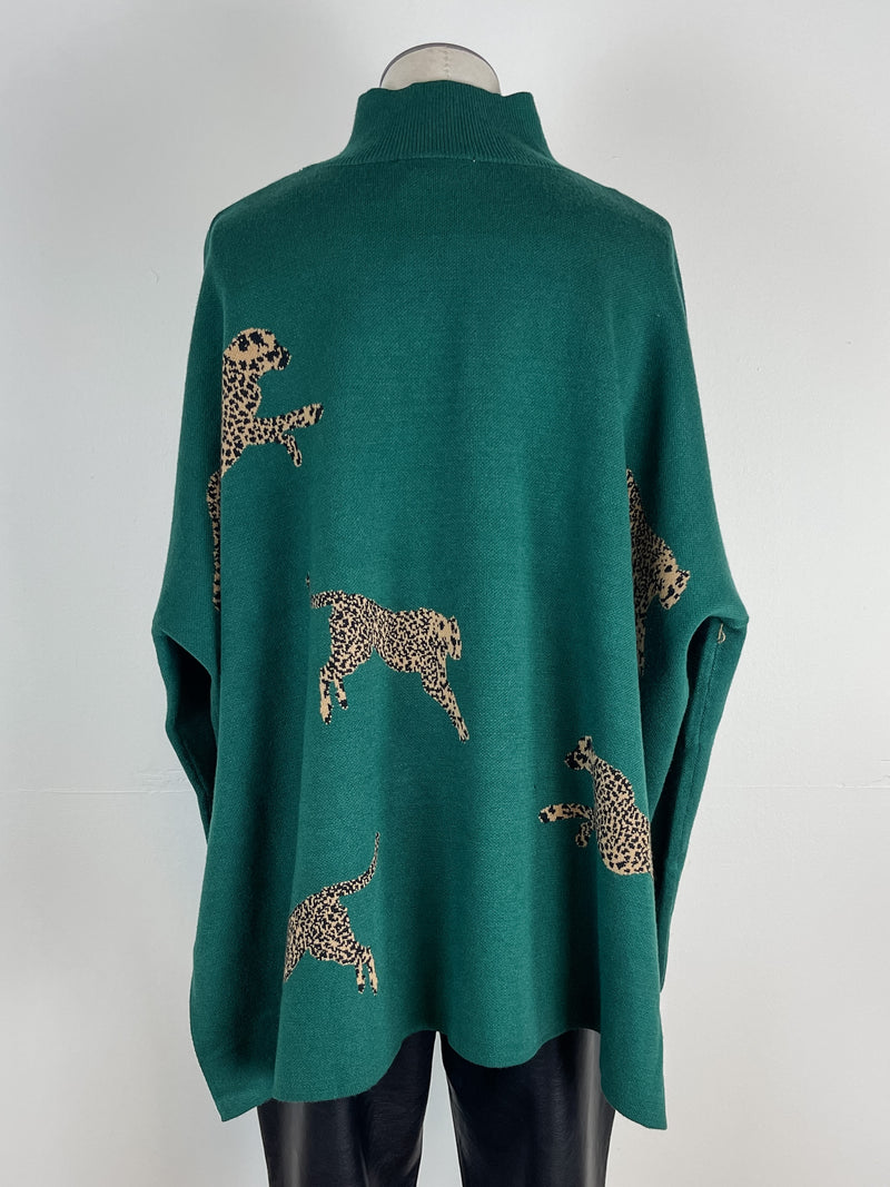 Lorelei Mock Neck Cheetah Print Sweater in Hunter Green
