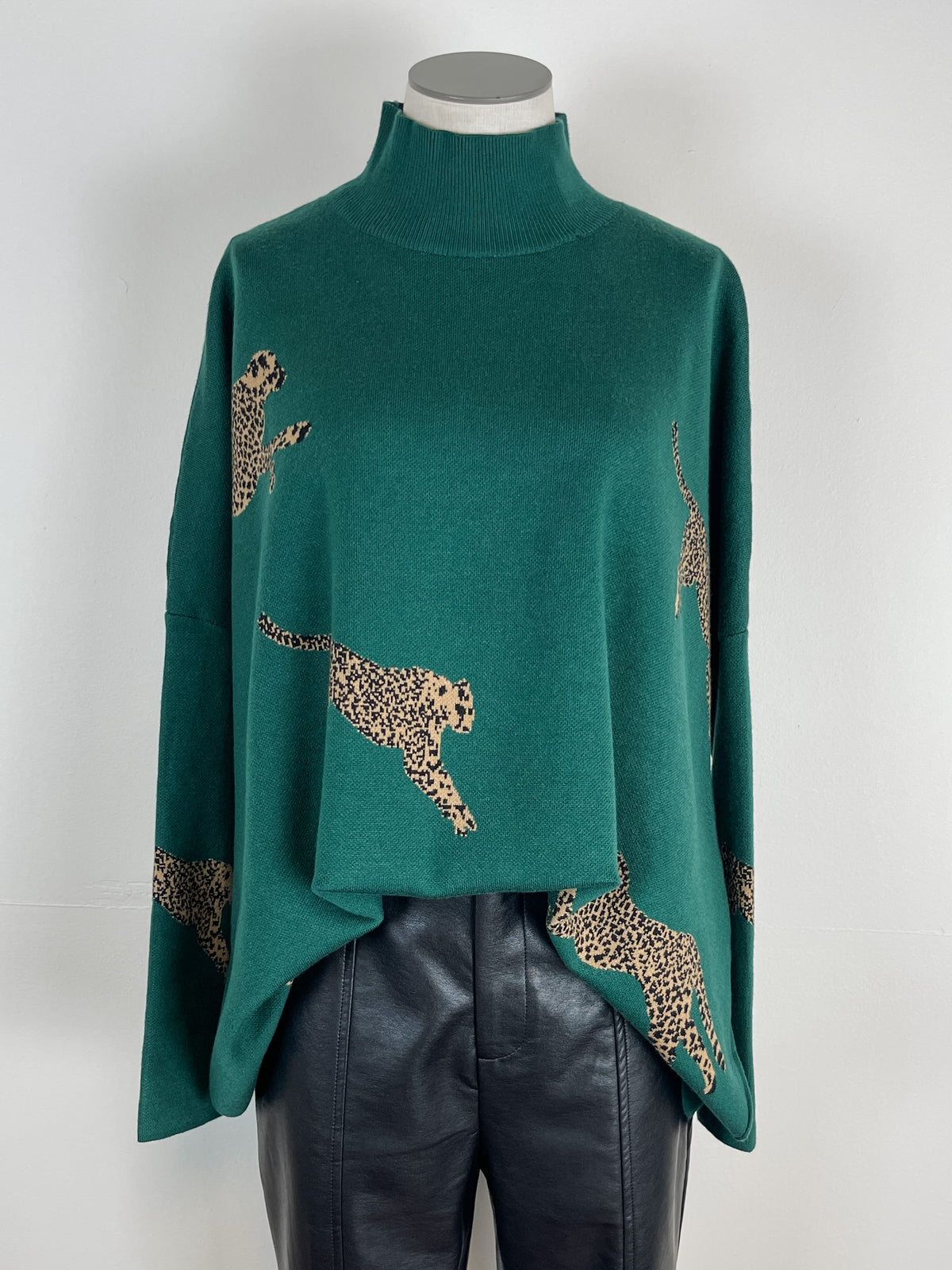 Lorelei Mock Neck Cheetah Print Sweater in Hunter Green