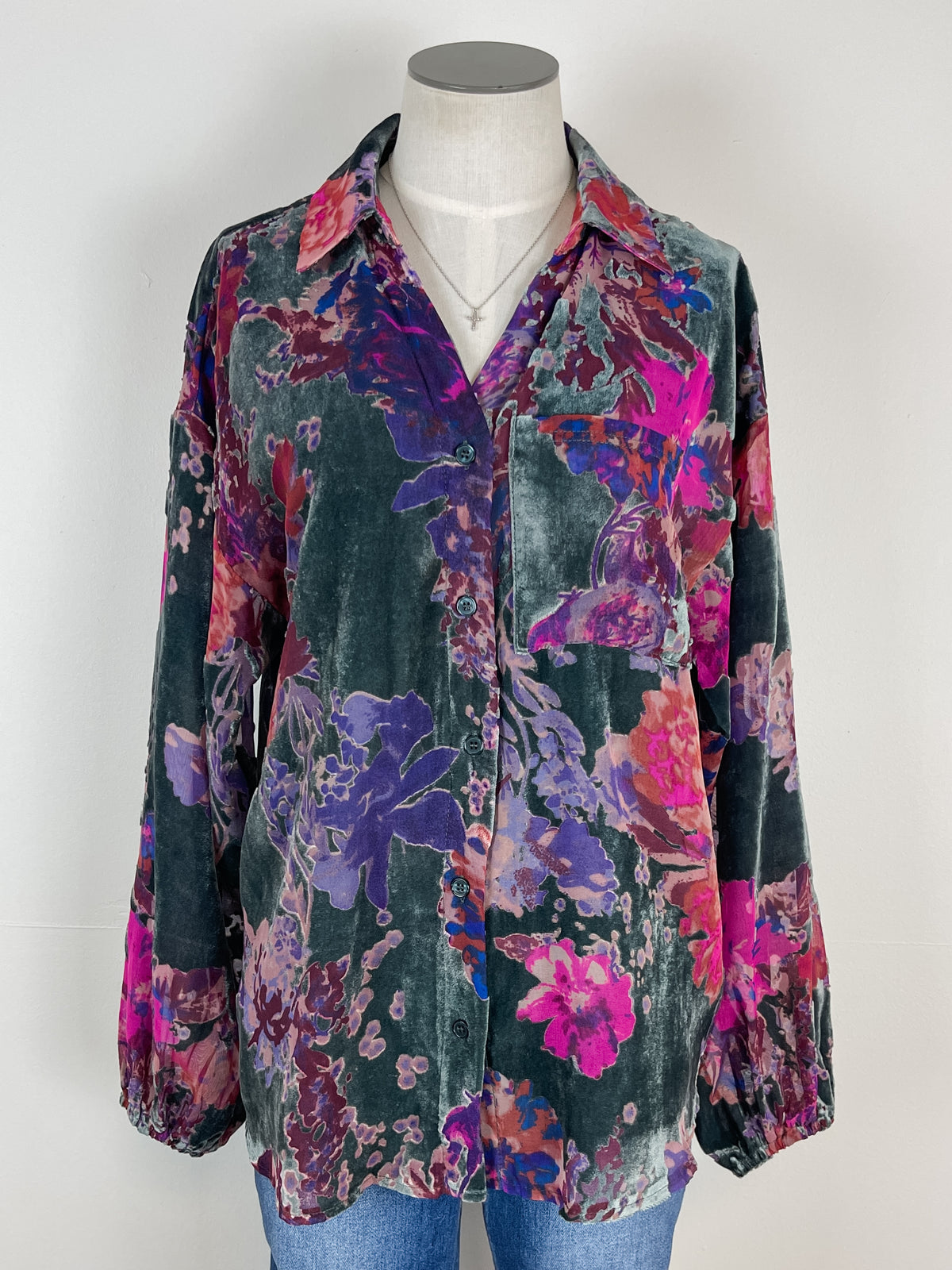 Myla Velvet Floral Blouse in Dusty Teal