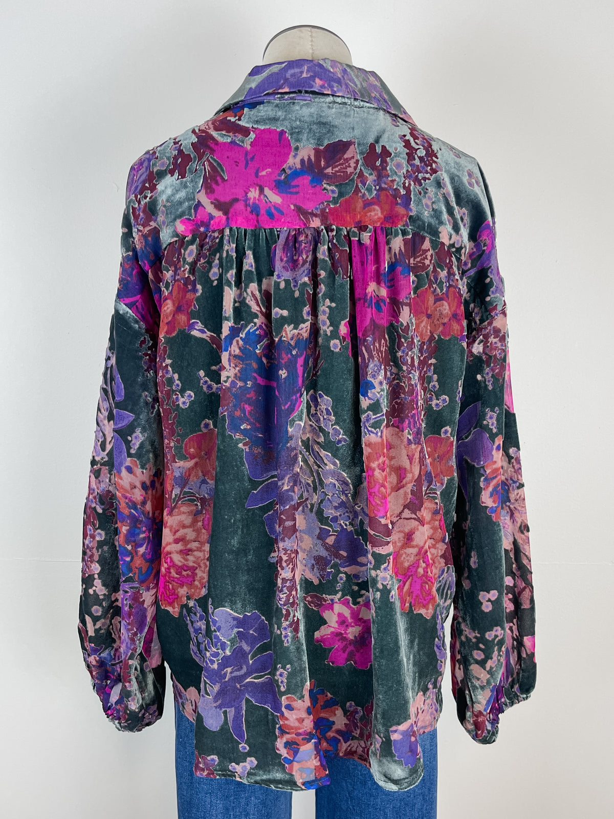 Myla Velvet Floral Blouse in Dusty Teal