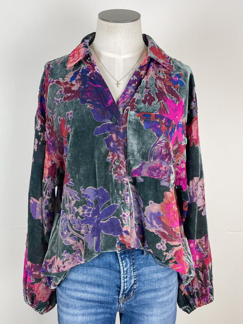 Myla Velvet Floral Blouse in Dusty Teal