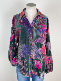 Myla Velvet Floral Blouse in Dusty Teal